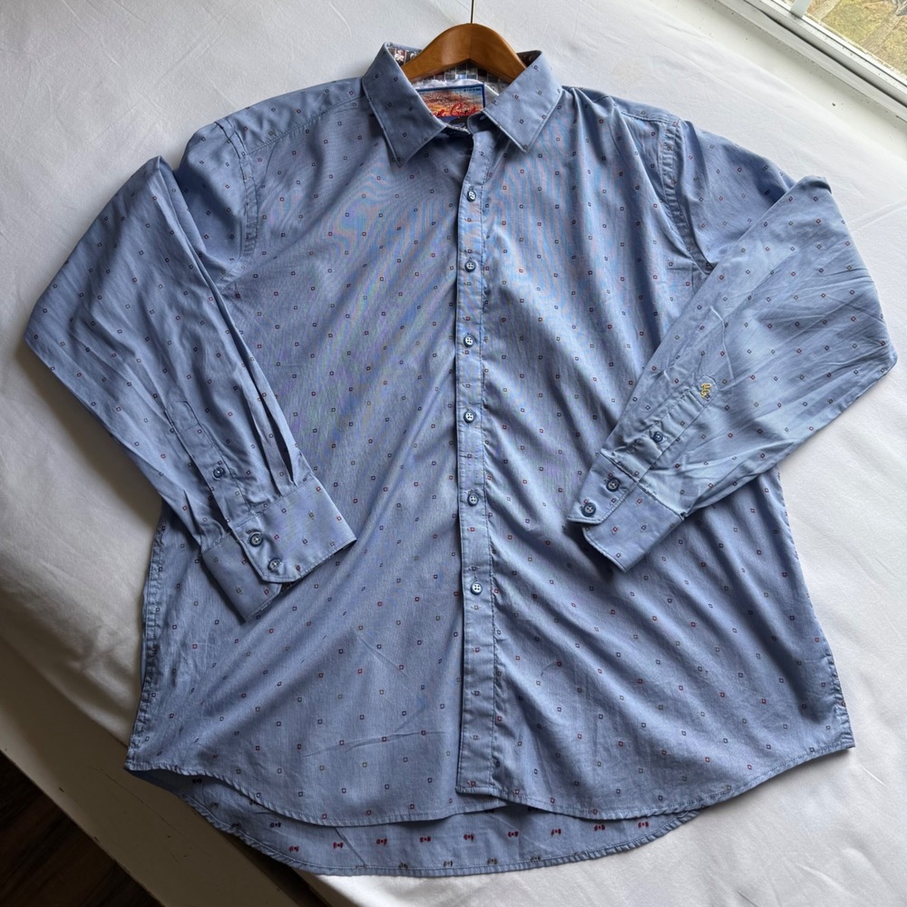 Robert Graham Mens Blue Geometric Square Print Button Down Shirt L Long Sleeve